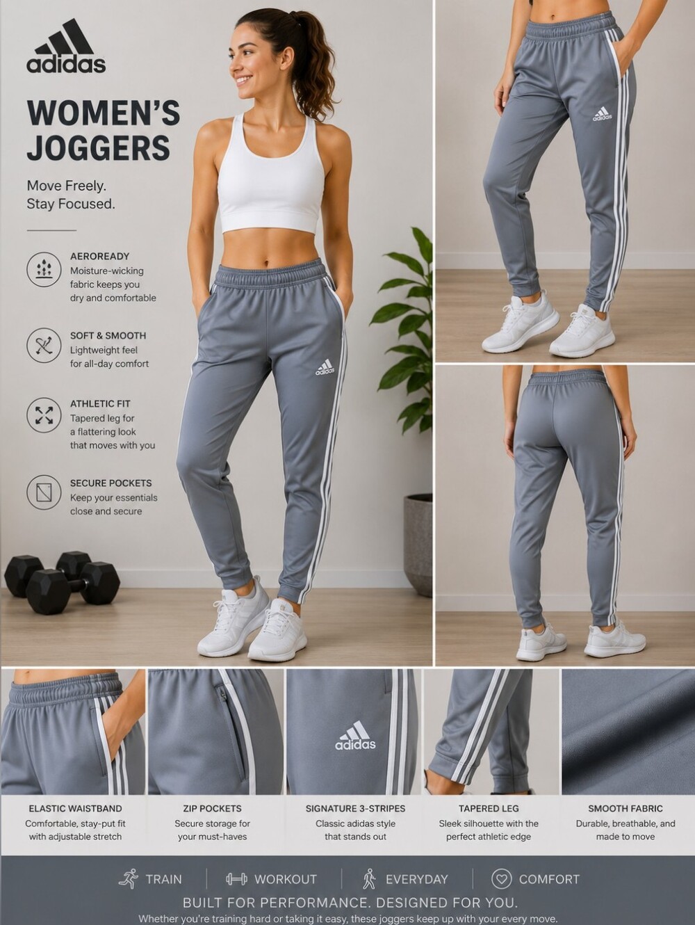 💙 adidas NWOT  Gray Ladies Joggers with White Side Stripes
